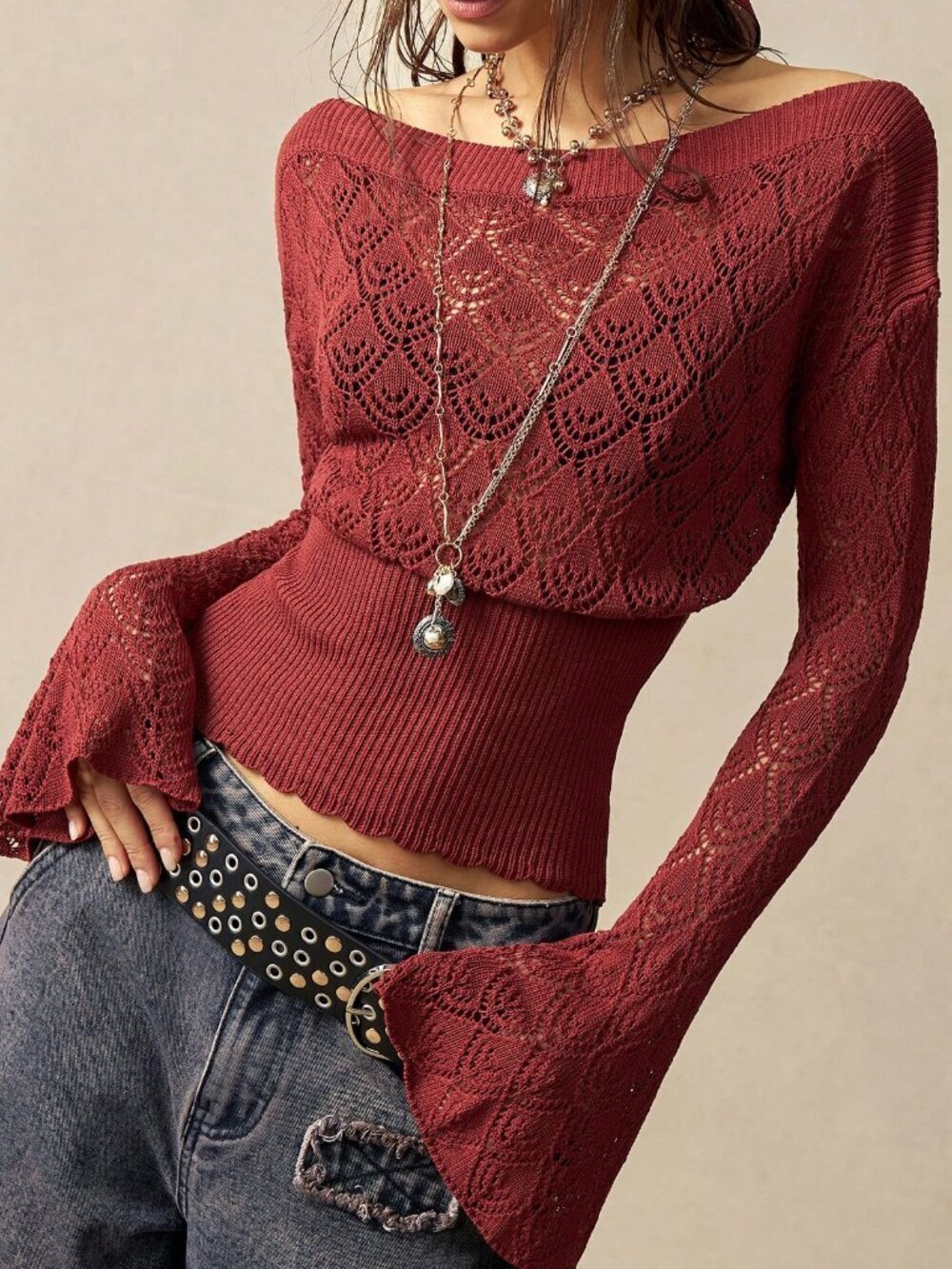 Redwood Casual Women's Off-Shoulder Hollow Long Sleeve Sweater